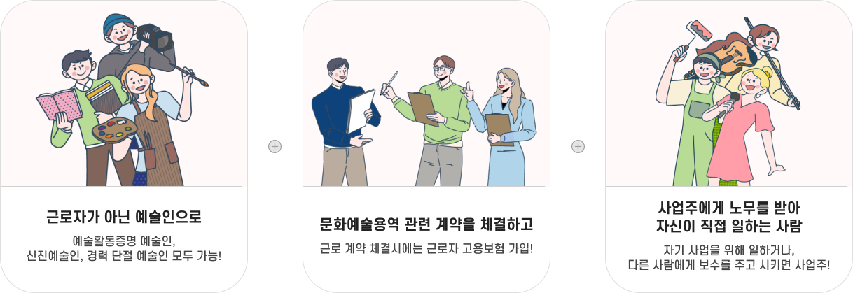 근로자가 아닌 예술인으로 예술활동증명 예술인, 신진예술인, 경력 단절 예술인 모두 가능! 문화예술용역 관련 계약을 체결하고 근로 계약 체결시에는 근로자 고용보험 가입! 사업주에게 노무를 받아 자신이 직접 일하는 사람 자기 사업을 위해 일하거나, 다른 사람에게 보수를 주고 시키면 사업주!